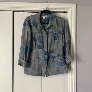 Coldwater‎ Creek Floral Print Button Down Shirt Jacket Collared Gray Blue 12
